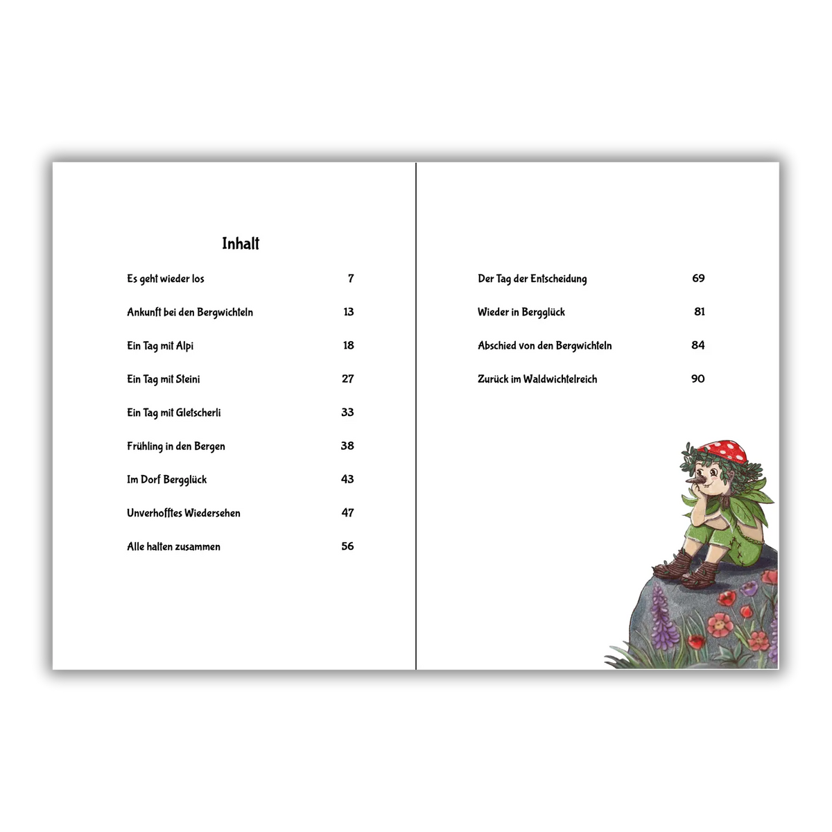 Inhaltsverzeichnis vom Kinderbuch "Waldi bei den Bergwichteln", ein Vorlesebuch ab 6 Jahren über Natur, Umweltschutz, Abenteuer und Freundschaft von Andrea Herold