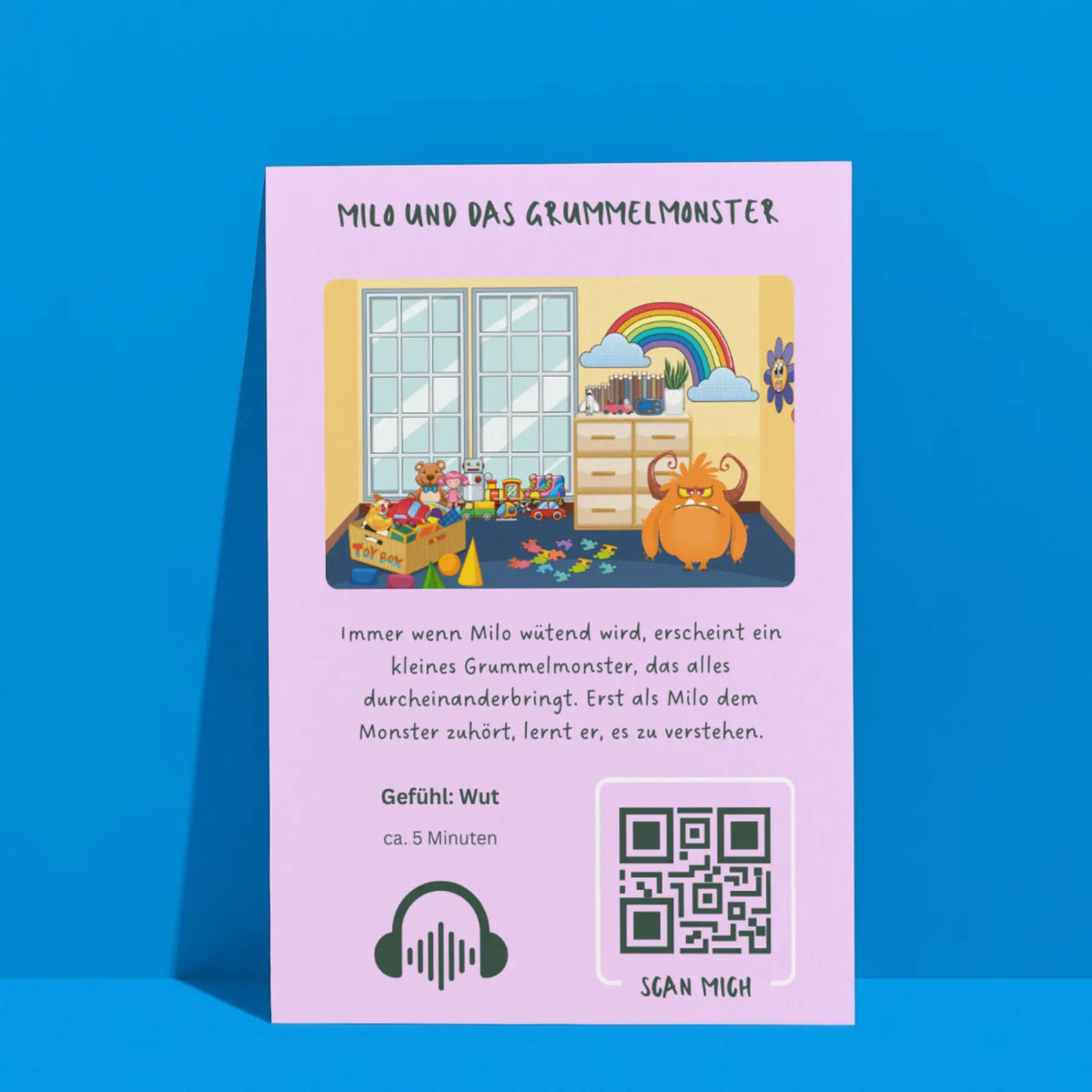 Bild der Lauschkarte "Milo und das Grummelmonster", eine Kindergeschichte zum Anhören über Wut aus der dem Lauschkarten-Set: "Meine Gefühle Lauschkarten"