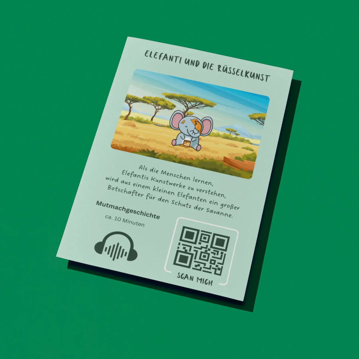 Bild der Lauschkarte "Elefanti und die Rüsselkunst", eine Mutmachgeschichte zum Anhören aus der dem Lauschkarten-Set: "Welt der Tiere Lauschkarten"