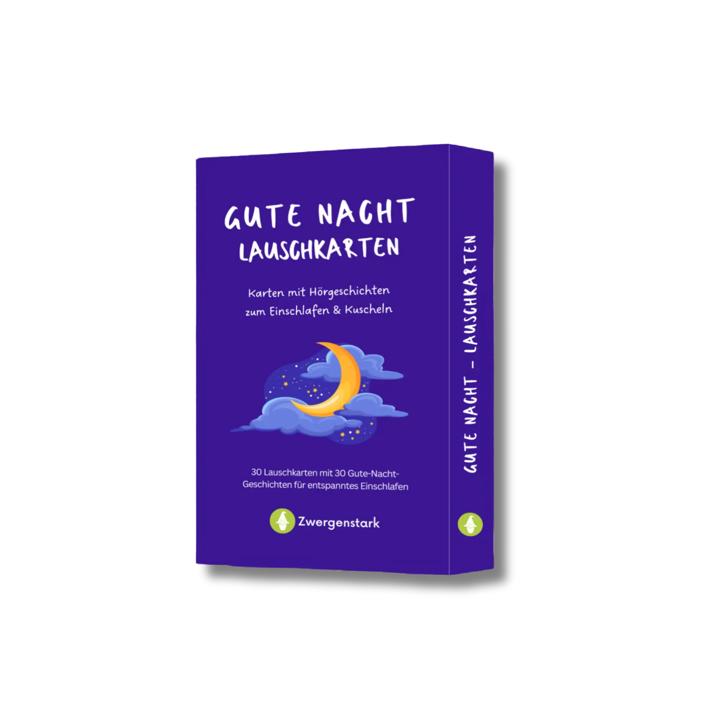 Produktbild von der Kartenschachtel der "Gute Nacht Lauschkarten", 30 Karten mit Hörgeschichten zum Einschlafen und Kuscheln