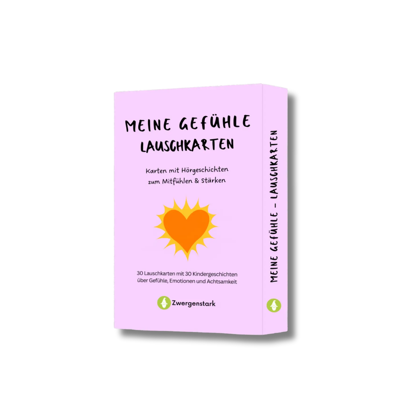 Produktbild von der Kartenschachtel der "Meine Gefühle Lauschkarten", 30 Karten mit Hörgeschichten zum Mitfühlen und Stärken