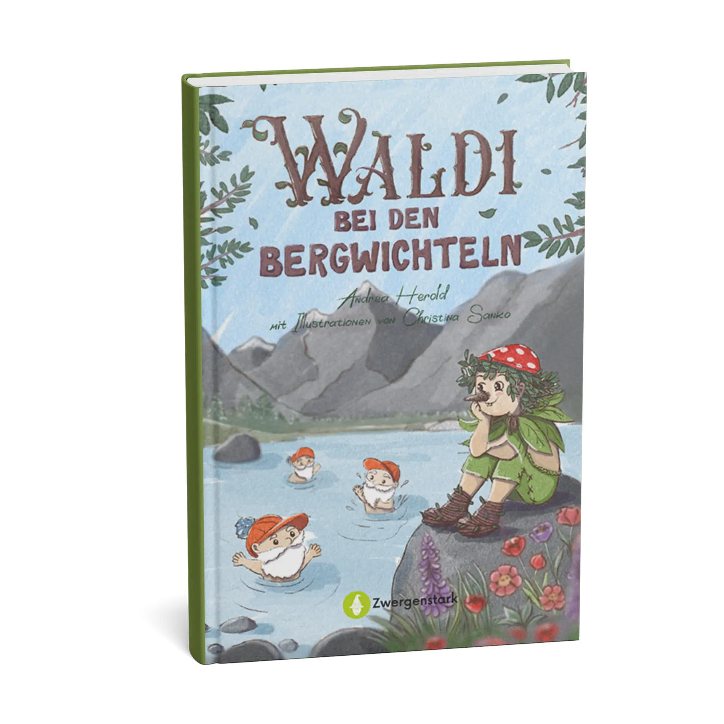 Mockup quer vom Kinderbuch "Waldi bei den Bergwichteln", ein Vorlesebuch ab 6 Jahren über Natur, Umweltschutz, Abenteuer und Freundschaft von Andrea Herold