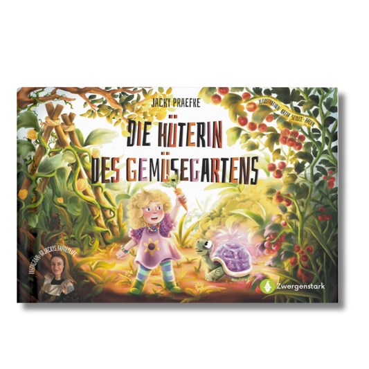 Frontcover vom Kinderbuch "Die Hüterin des Gemüsegartens", ein Bilderbuch ab 3 Jahren über Garten, Natur und Gemüse von Jacky Praefke in den Händen