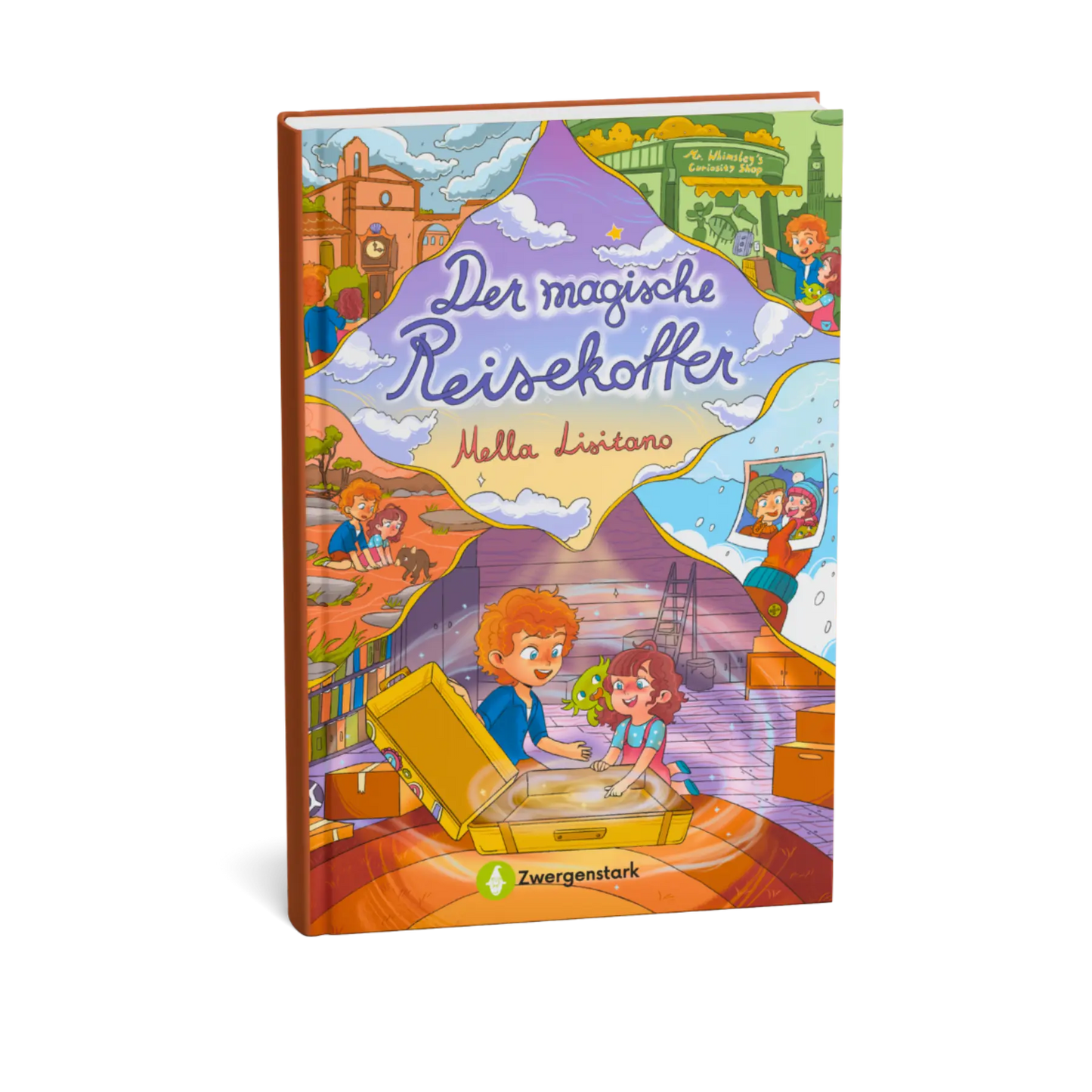 Mockup vom Kinderbuch "Der magische Reisekoffer", ein Vorlesebuch ab 6 Jahren von Mella Lisitano über Reisen, Entdeckungen, Zusammenhalt und Mut