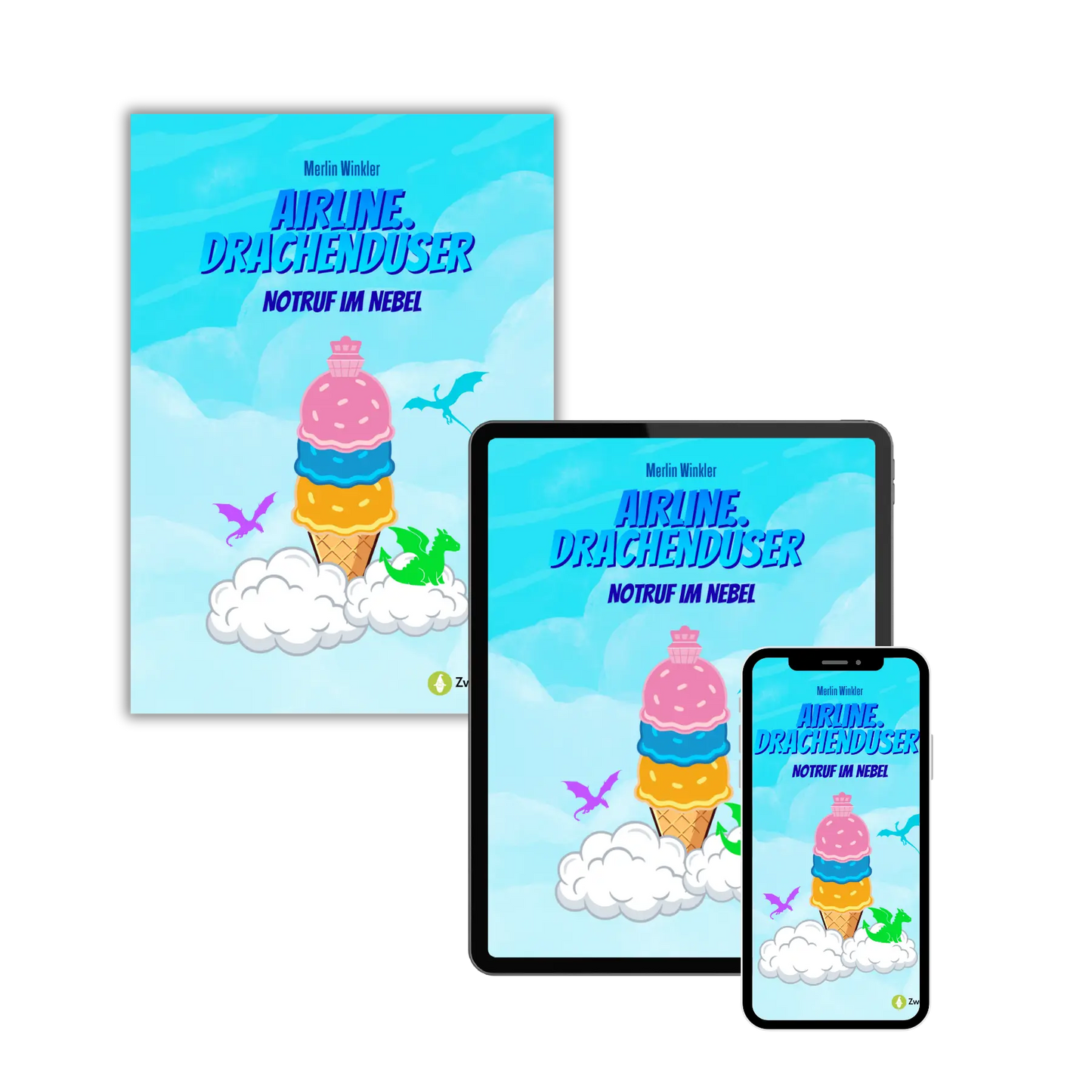 Mockups vom Kinderbuch "Airline Drachendüser – Notruf im Nebel", ein E-Book für Kinder ab 5 Jahren zum Vorlesen mit einer Gute-Nacht-Geschichte über Drachen, Piloten und Abenteuer