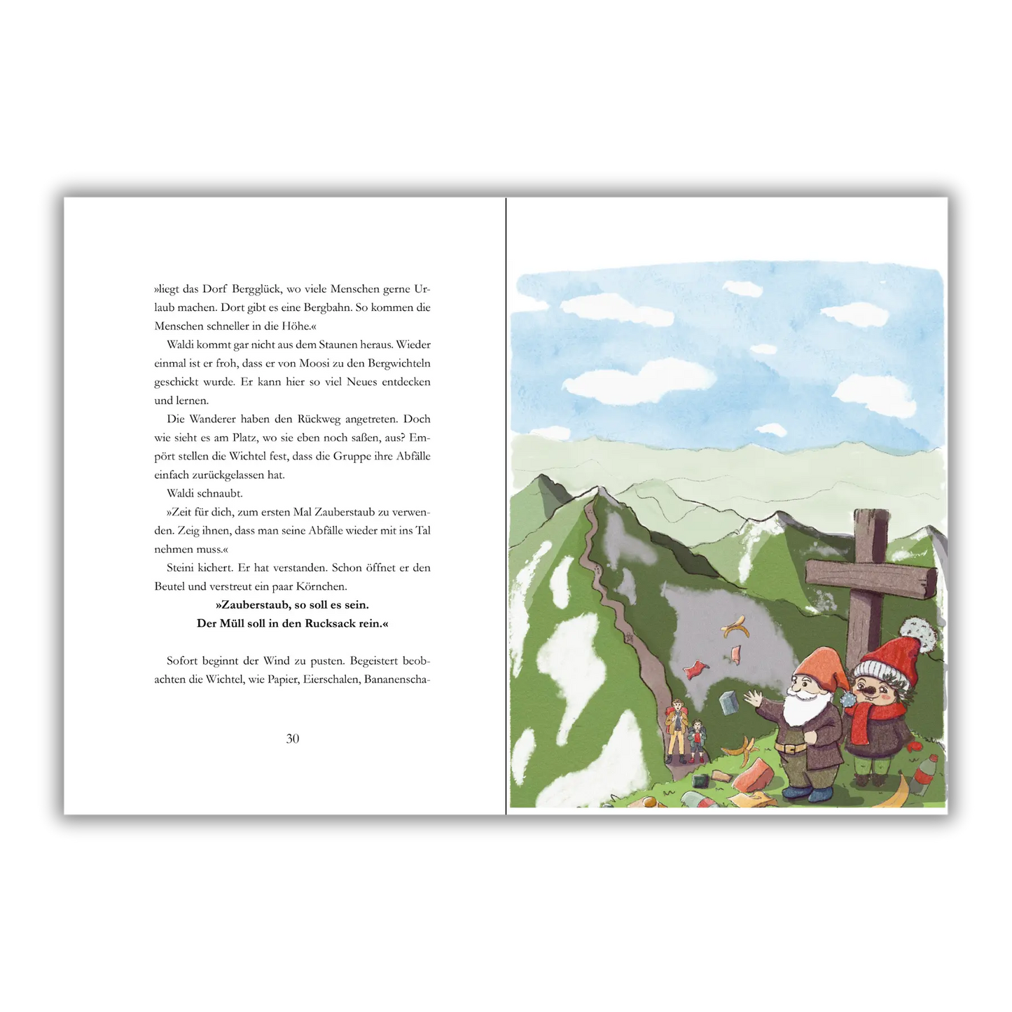 Seiten 30 und 31 vom Kinderbuch "Waldi bei den Bergwichteln", ein Vorlesebuch ab 6 Jahren über Natur, Umweltschutz, Abenteuer und Freundschaft von Andrea Herold