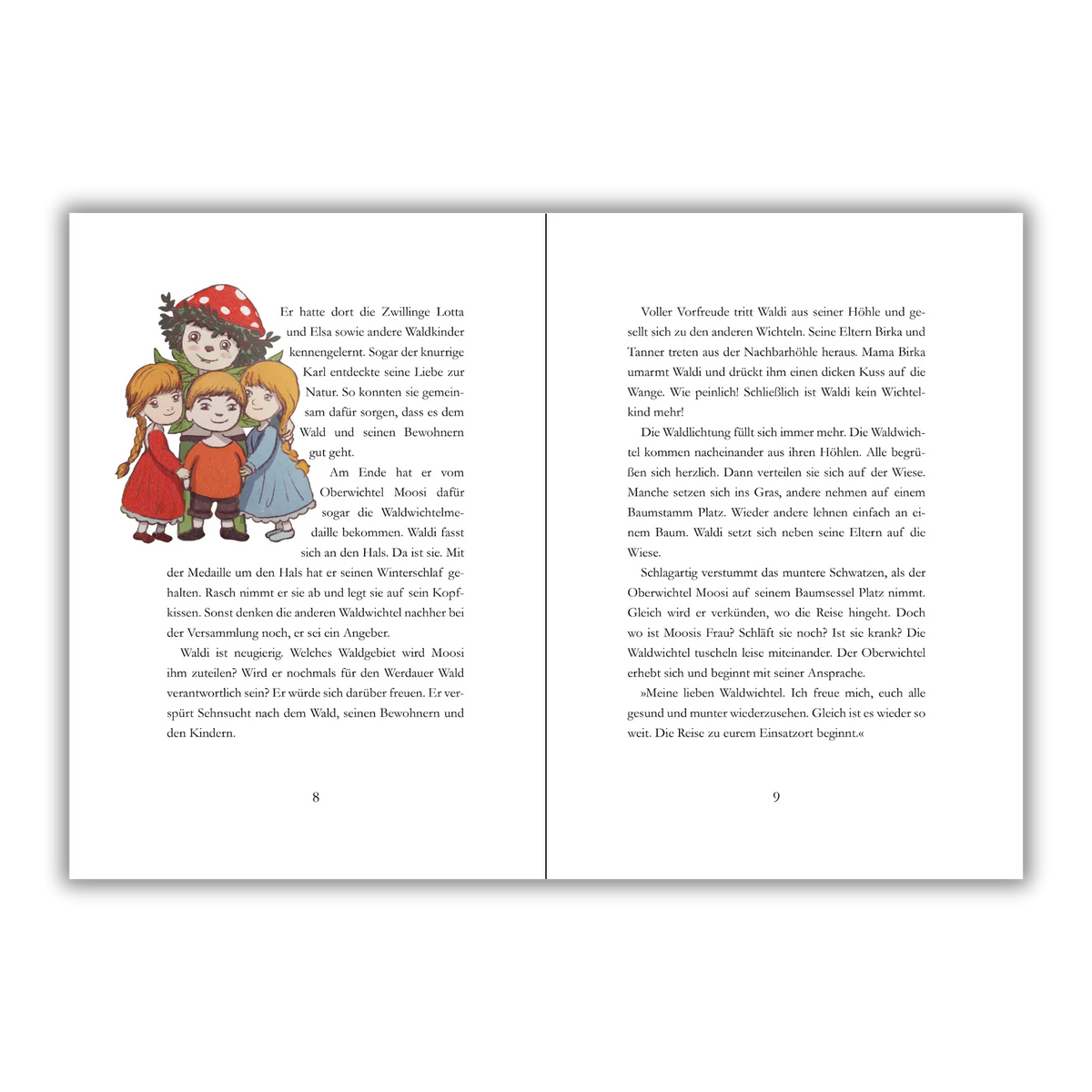 Seiten 8 und 9 vom Kinderbuch "Waldi bei den Bergwichteln", ein Vorlesebuch ab 6 Jahren über Natur, Umweltschutz, Abenteuer und Freundschaft von Andrea Herold
