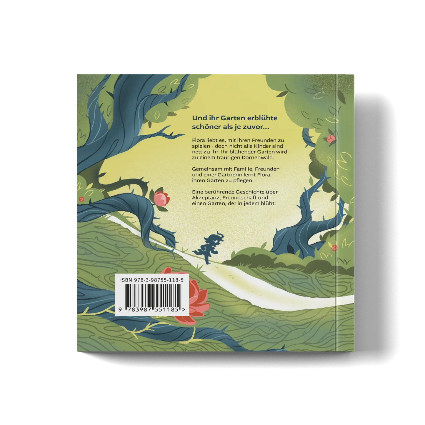 Backcover Mockup vom Kinderbuch "Flora's Garten", ein Bilderbuch über Gefühle ab 5 Jahren von Jana Sommerfeld und Zwergenstark