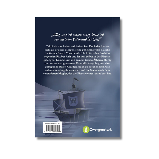 Backcover vom Kinderbuch "Der Fluch aus der Flasche", ein Kinderroman ab 8 Jahren von Mandy Schlesinger über Seefahrer, Zauberer und einen Fluch