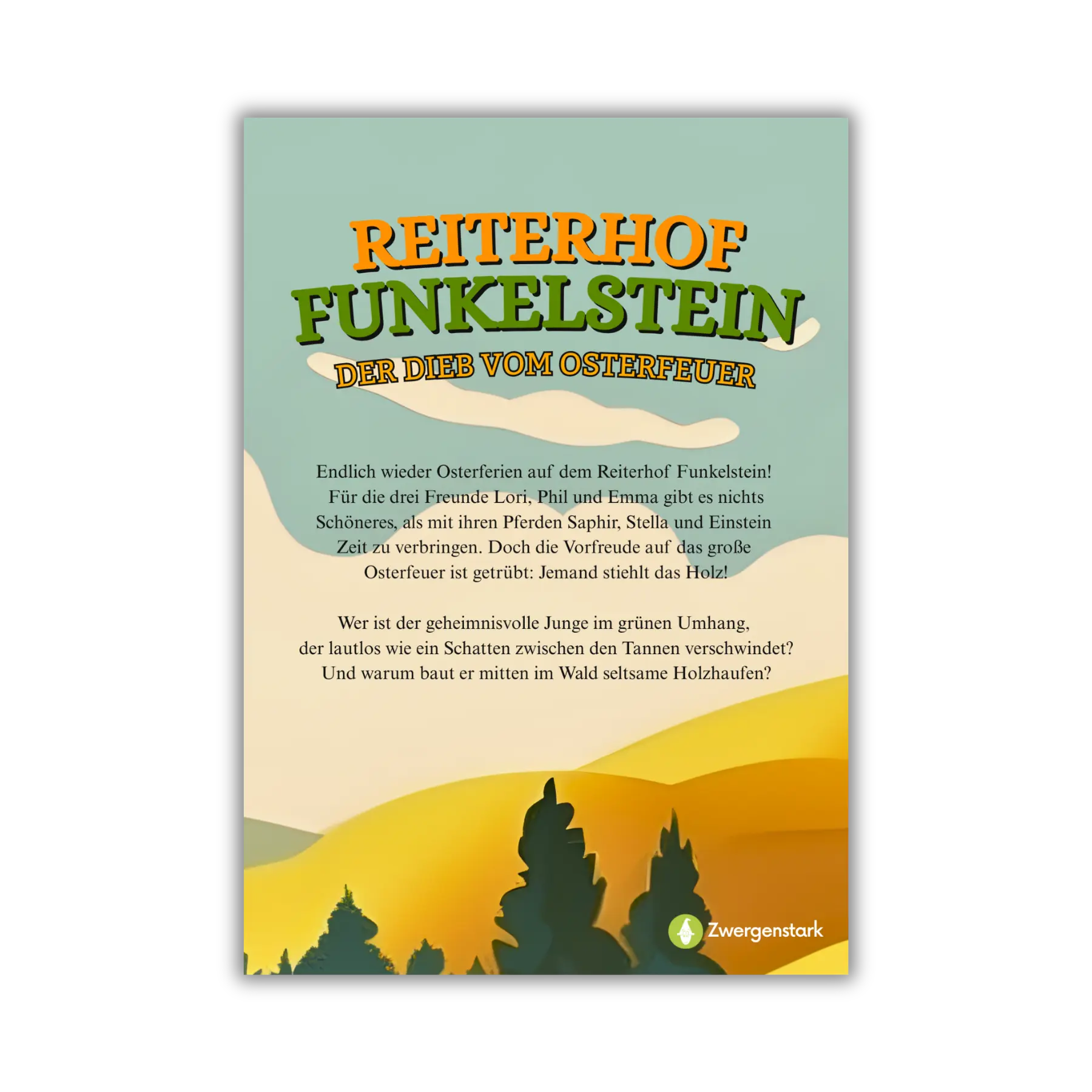 Backcover vom Kinderbuch "Reiterhof Funkelstein – Der Dieb vom Osterfeuer", ein E-Book für Kinder ab 5 Jahren zum Vorlesen über Ostern, Osterferien und Pferde, ideal als Gute-Nacht-Geschichte