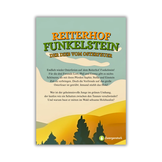 Backcover vom Kinderbuch "Reiterhof Funkelstein – Der Dieb vom Osterfeuer", ein E-Book für Kinder ab 5 Jahren zum Vorlesen über Ostern, Osterferien und Pferde, ideal als Gute-Nacht-Geschichte