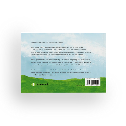 Backcover Mockup vom Einschlafbuch "Schlaf schön Schaf - Orchester der Träume", ein Bilderbuch über klassische Musik für Kinder ab 3 Jahren von Felix Isenbügel und Zwergenstark