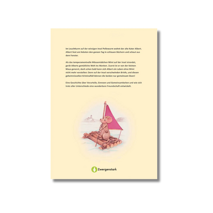 Backcover vom Kinderbuch "Albert und Mimi – Eine besondere Freundschaft und ein echter Kriminalfall", ein Bilderbuch zum Vorlesen ab 5 Jahren über ein tierisches Detektivabenteuer voller Freundschaft, Vielfalt und Zusammenhalt