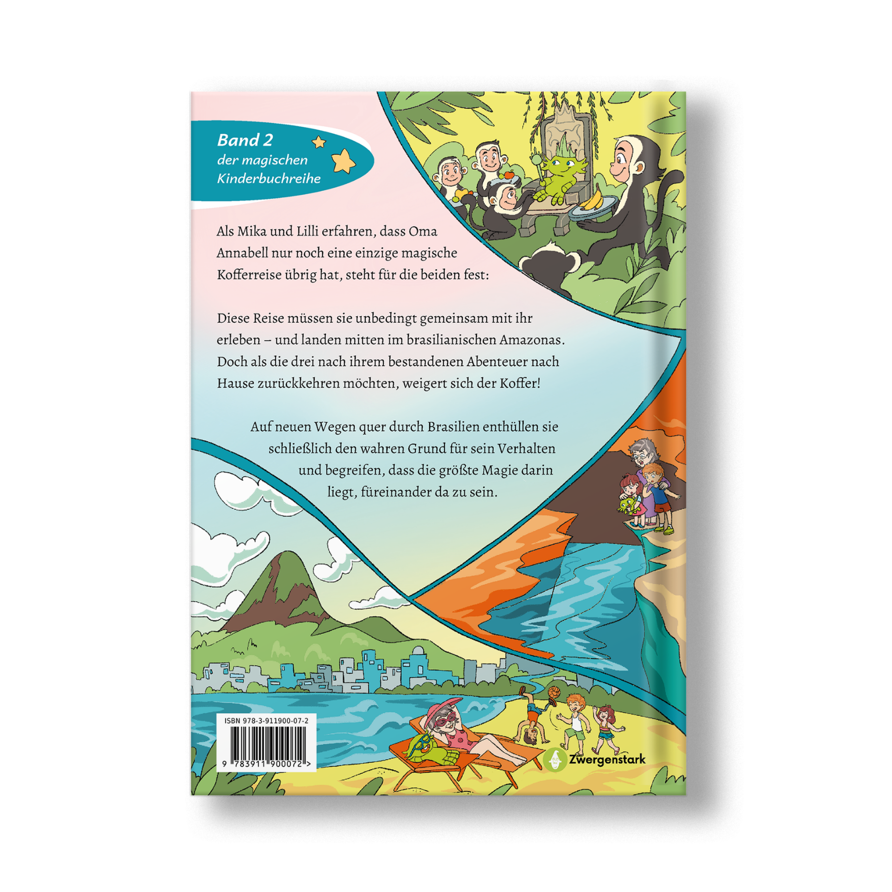 Illustriertes Backcover vom Kinderbuch "Der magische Reisekoffer – Auf neuen Wegen", Band 2 von der Kinderbuchreihe "Der magische Reisekoffer", ein Vorlesebuch für Kinder ab 6 Jahren über Reisen, Abenteuer und Zusammenhalt in Brasilien von Mella Lisitano und Zwergenstark
