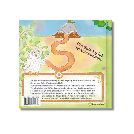 Backcover vom Kinderbuch "Mannolo – Der kleine Schlauberger", ein Bilderbuch für Kinder ab 3 Jahren über die Neugierde und Kreativität eines kleinen Maulwurfs und seinen tierischen Freunden von Christel Gaiser und Zwergenstark