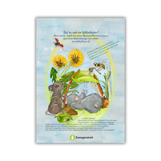 Backcover vom Kinderbuch "Regentropfenfreude für Mannolo", ein Vorlesebuch ab 4 Jahren über Natur, Wald, Tiere und einen Maulwurf von Christel Gaiser