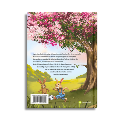 Backcover vom Kinderbuch "Rosie zeigt's allen", ein Vorlesebuch für Kinder ab 5 Jahren über die Freundschaft zwischen einem Kaninchen und einem Vogel