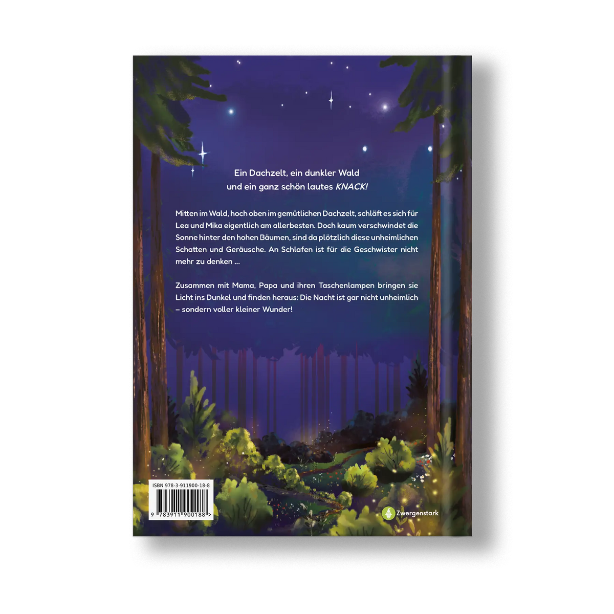 Illustriertes Backcover des Kinderbuchs "Unser kleines Himmelszelt – Wo die Glühwürmchen leuchten" – ein Mutmachbuch gegen Angst bei Dunkelheit ab 3 Jahren von Anastasija David (bekannt bei Instagram als @nastiinkaaa_) und Zwergenstark