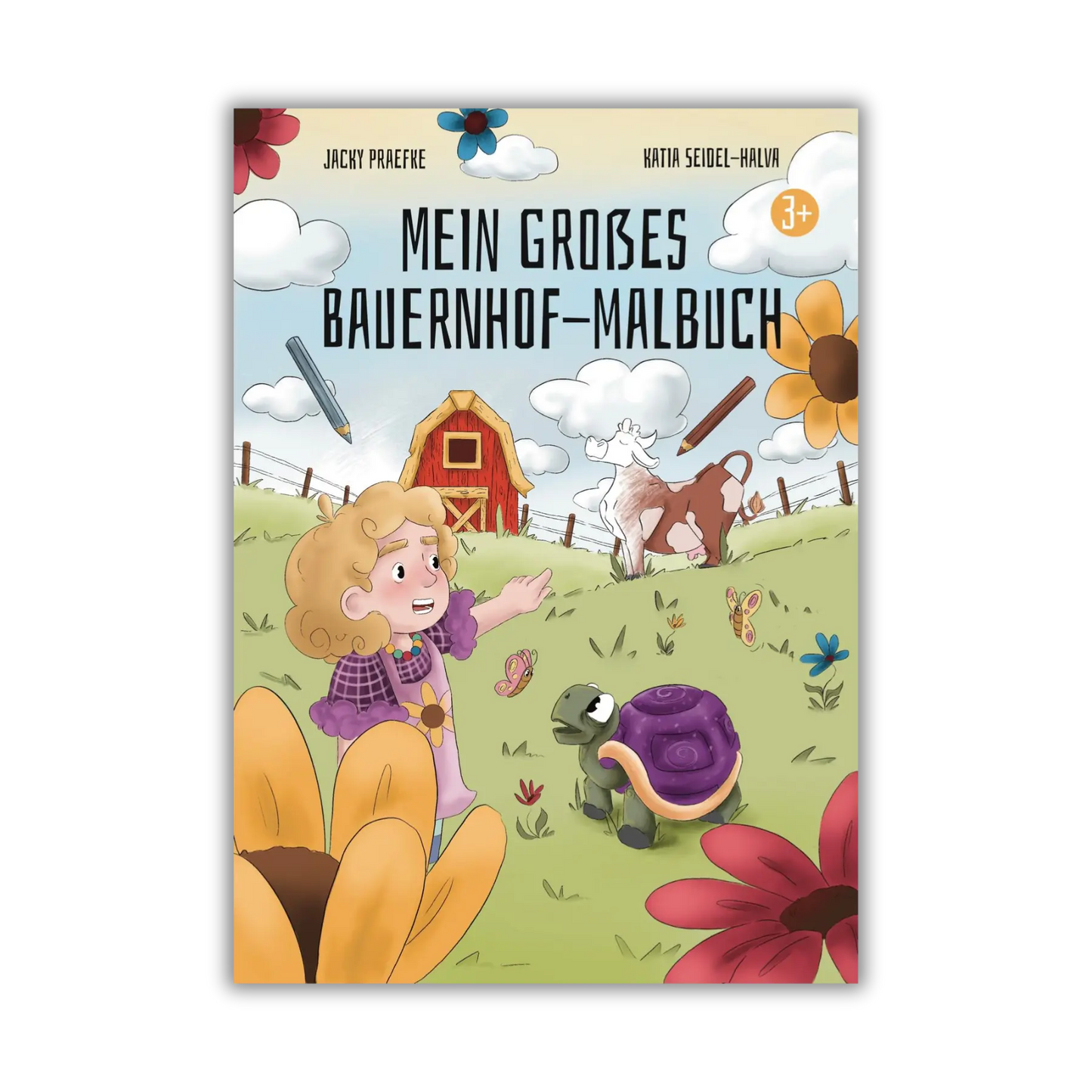 Cover vom Malbuch "Mein großes Bauernhof-Malbuch", ein Ausmalbuch für Kinder ab 3 Jahren über Tiere, Landschaft, Gemüse, Traktoren und typische Bauernhofszenen von Jacky Praefke, Katia Seidel-Halva und Zwergenstark