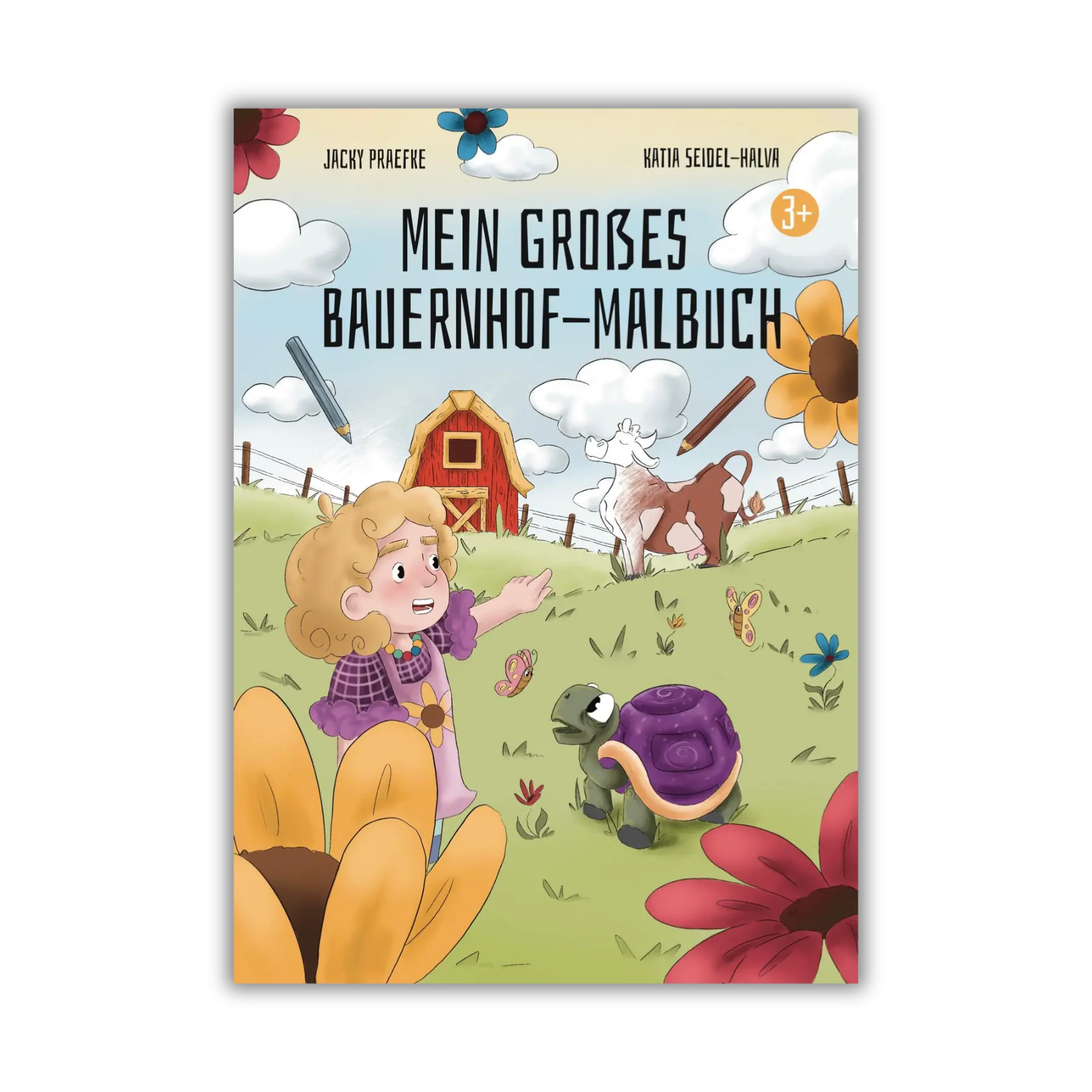 Cover vom Malbuch "Mein großes Bauernhof-Malbuch", ein Ausmalbuch für Kinder ab 3 Jahren über Tiere, Landschaft, Gemüse, Traktoren und typische Bauernhofszenen von Jacky Praefke, Katia Seidel-Halva und Zwergenstark