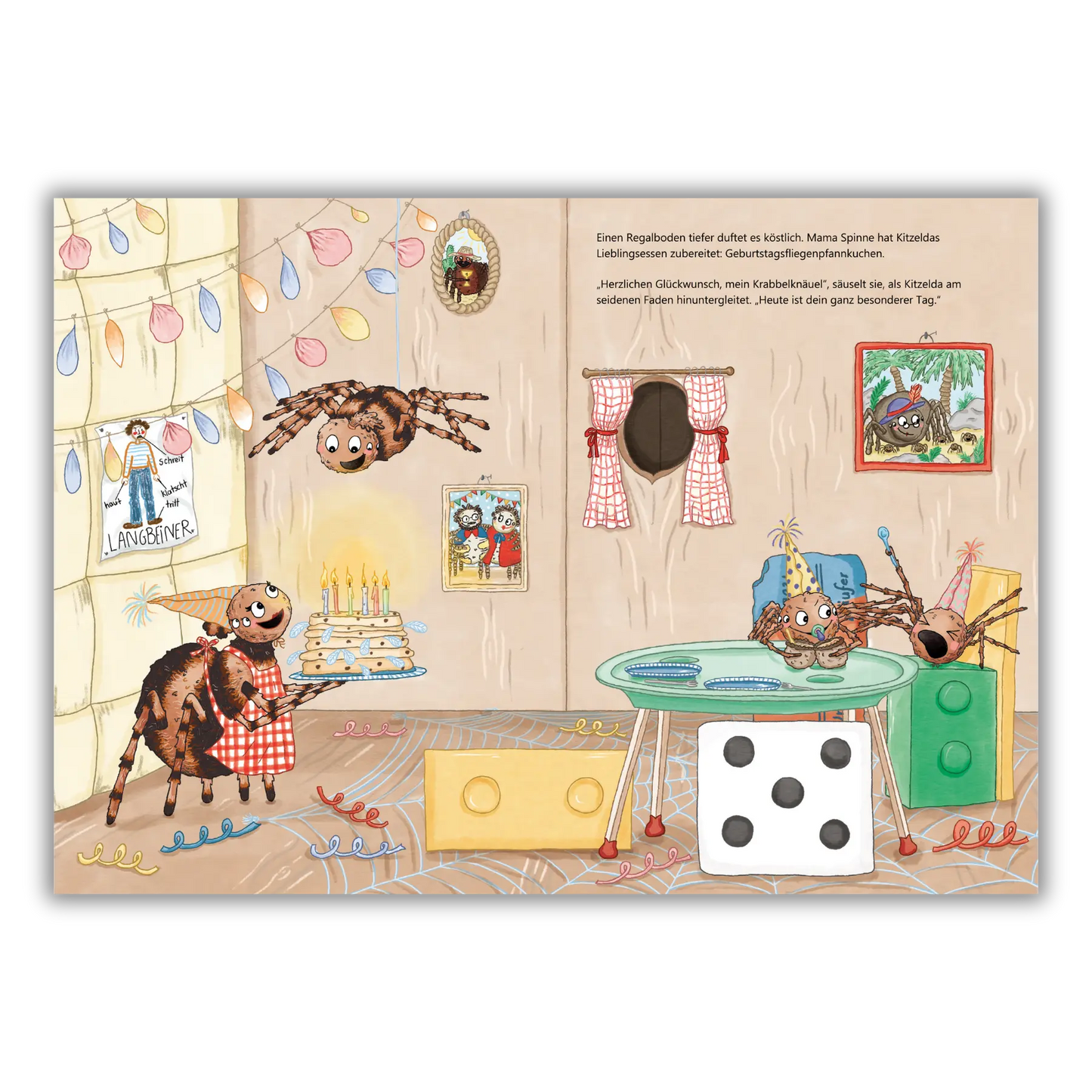 Doppelseite 1 vom Kinderbuch "Iiih, ein Mensch!", ein Bilderbuch für Kinder ab 4 Jahren über die ungewöhnliche Freundschaft zwischen einer Spinne und einem Menschen von Maria Leon, Alice Feil-Roots und Zwergenstark