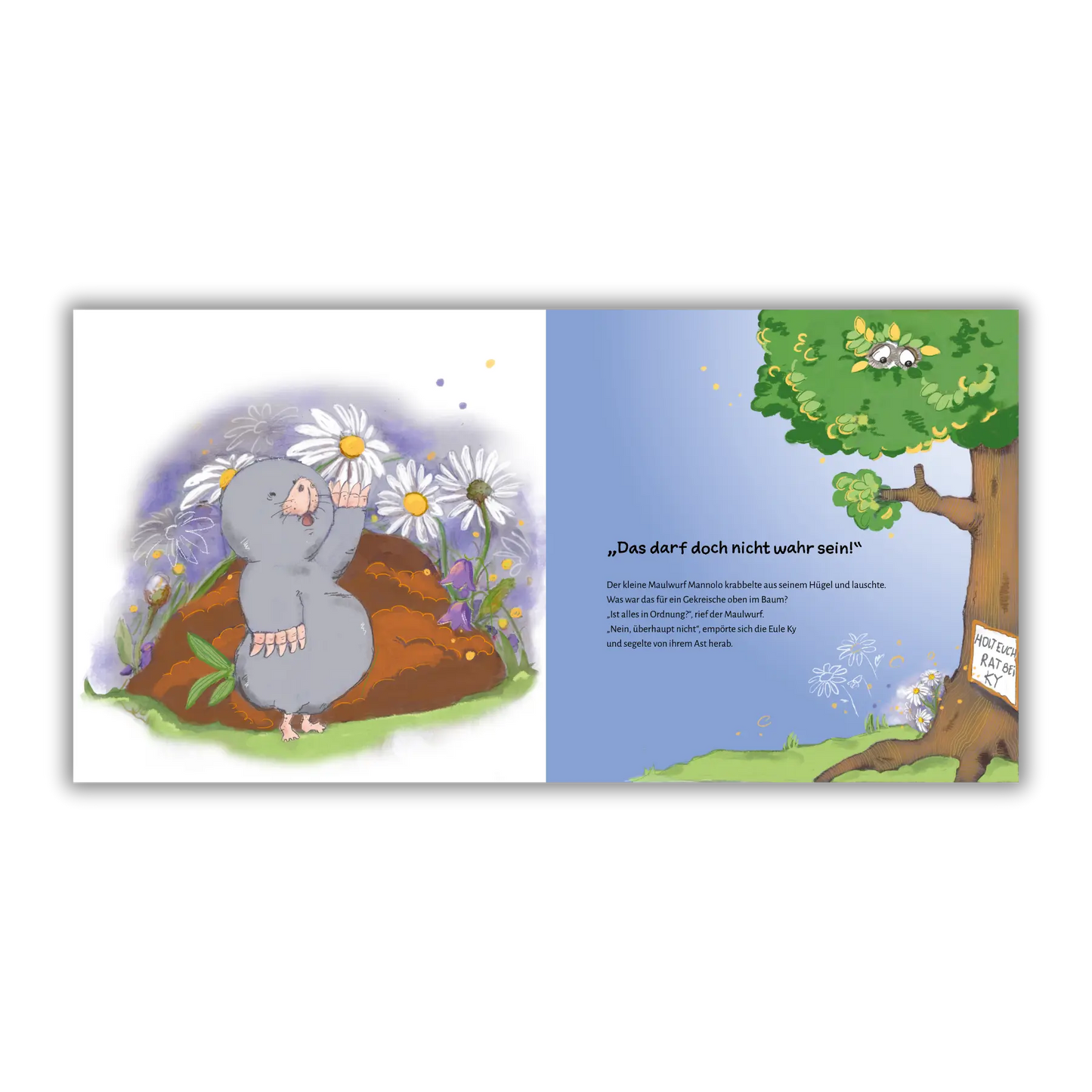 Doppelseite 1 vom Kinderbuch "Mannolo – Der kleine Schlauberger", ein Bilderbuch für Kinder ab 3 Jahren über die Neugierde und Kreativität eines kleinen Maulwurfs und seinen tierischen Freunden von Christel Gaiser und Zwergenstark