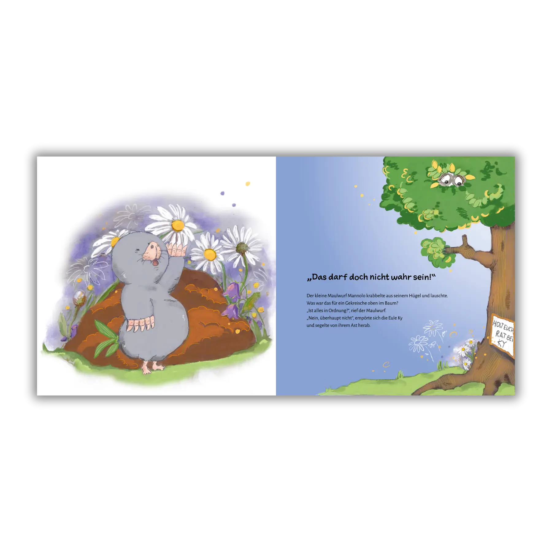 Doppelseite 1 vom Kinderbuch "Mannolo – Der kleine Schlauberger", ein Bilderbuch für Kinder ab 3 Jahren über die Neugierde und Kreativität eines kleinen Maulwurfs und seinen tierischen Freunden von Christel Gaiser und Zwergenstark