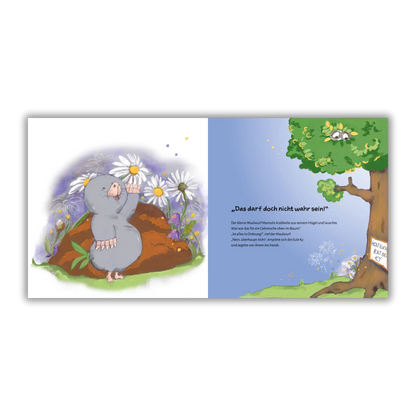 Doppelseite 1 vom Kinderbuch "Mannolo – Der kleine Schlauberger", ein Bilderbuch für Kinder ab 3 Jahren über die Neugierde und Kreativität eines kleinen Maulwurfs und seinen tierischen Freunden von Christel Gaiser und Zwergenstark