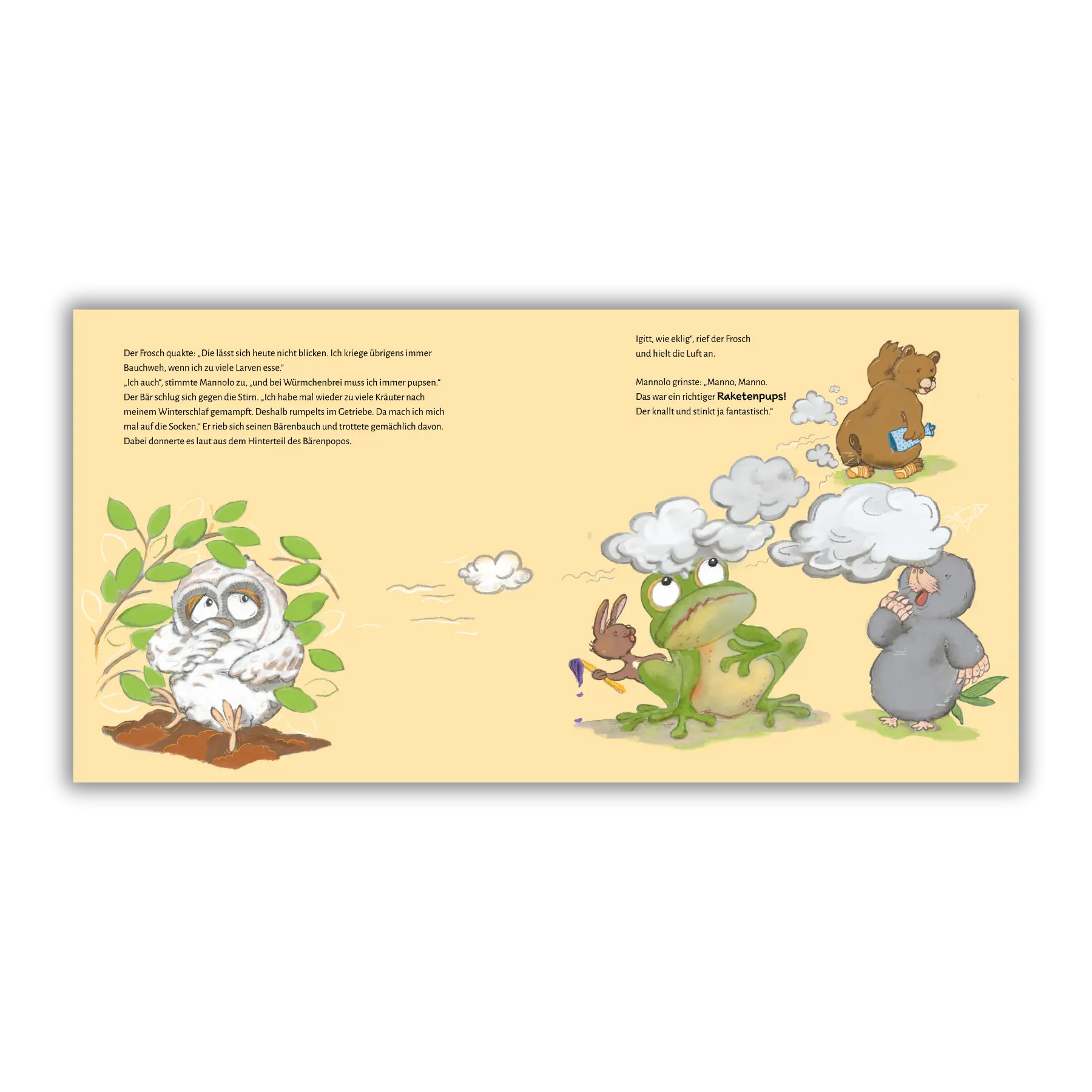 Doppelseite 11 vom Kinderbuch "Mannolo – Der kleine Schlauberger", ein Bilderbuch für Kinder ab 3 Jahren über die Neugierde und Kreativität eines kleinen Maulwurfs und seinen tierischen Freunden von Christel Gaiser und Zwergenstark