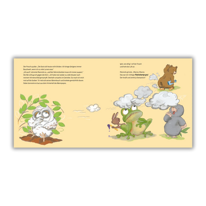 Doppelseite 11 vom Kinderbuch "Mannolo – Der kleine Schlauberger", ein Bilderbuch für Kinder ab 3 Jahren über die Neugierde und Kreativität eines kleinen Maulwurfs und seinen tierischen Freunden von Christel Gaiser und Zwergenstark