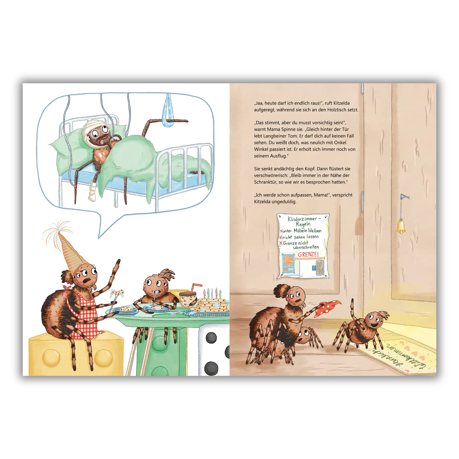 Doppelseite 2 vom Kinderbuch "Iiih, ein Mensch!", ein Bilderbuch für Kinder ab 4 Jahren über die ungewöhnliche Freundschaft zwischen einer Spinne und einem Menschen von Maria Leon, Alice Feil-Roots und Zwergenstark