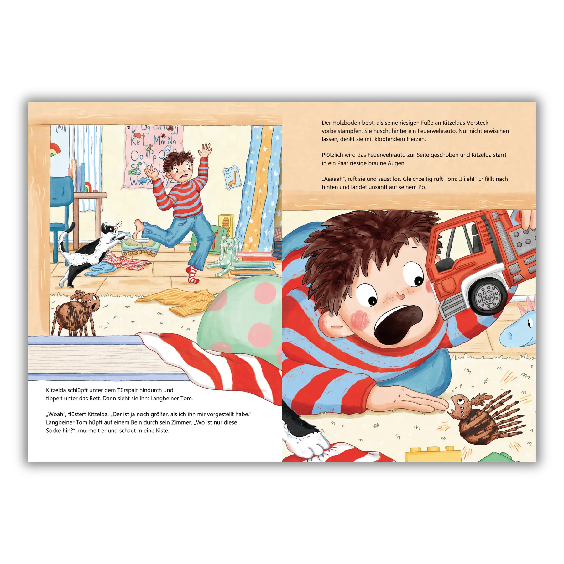 Doppelseite 3 vom Kinderbuch "Iiih, ein Mensch!", ein Bilderbuch für Kinder ab 4 Jahren über die ungewöhnliche Freundschaft zwischen einer Spinne und einem Menschen von Maria Leon, Alice Feil-Roots und Zwergenstark