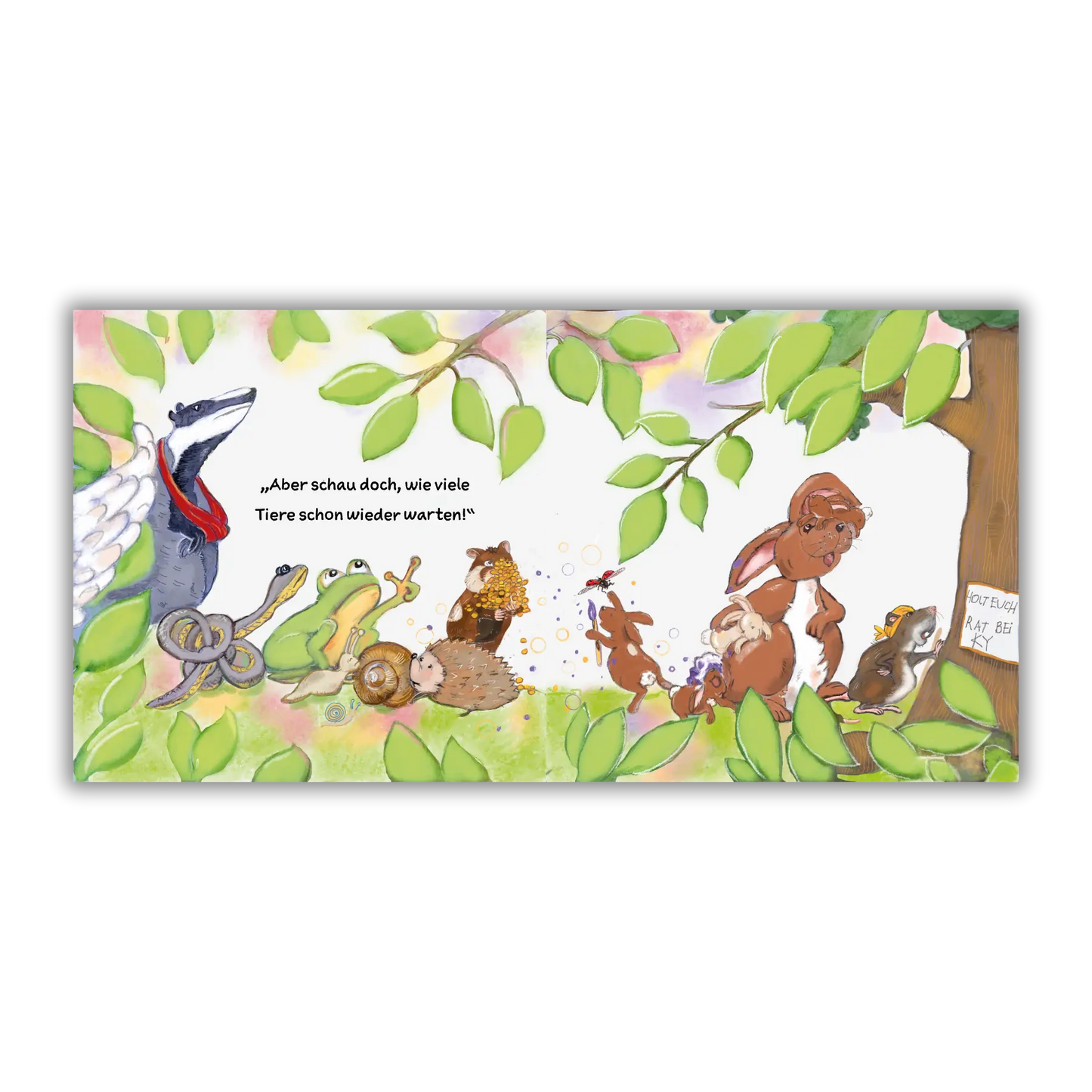 Doppelseite 4 vom Kinderbuch "Mannolo – Der kleine Schlauberger", ein Bilderbuch für Kinder ab 3 Jahren über die Neugierde und Kreativität eines kleinen Maulwurfs und seinen tierischen Freunden von Christel Gaiser und Zwergenstark