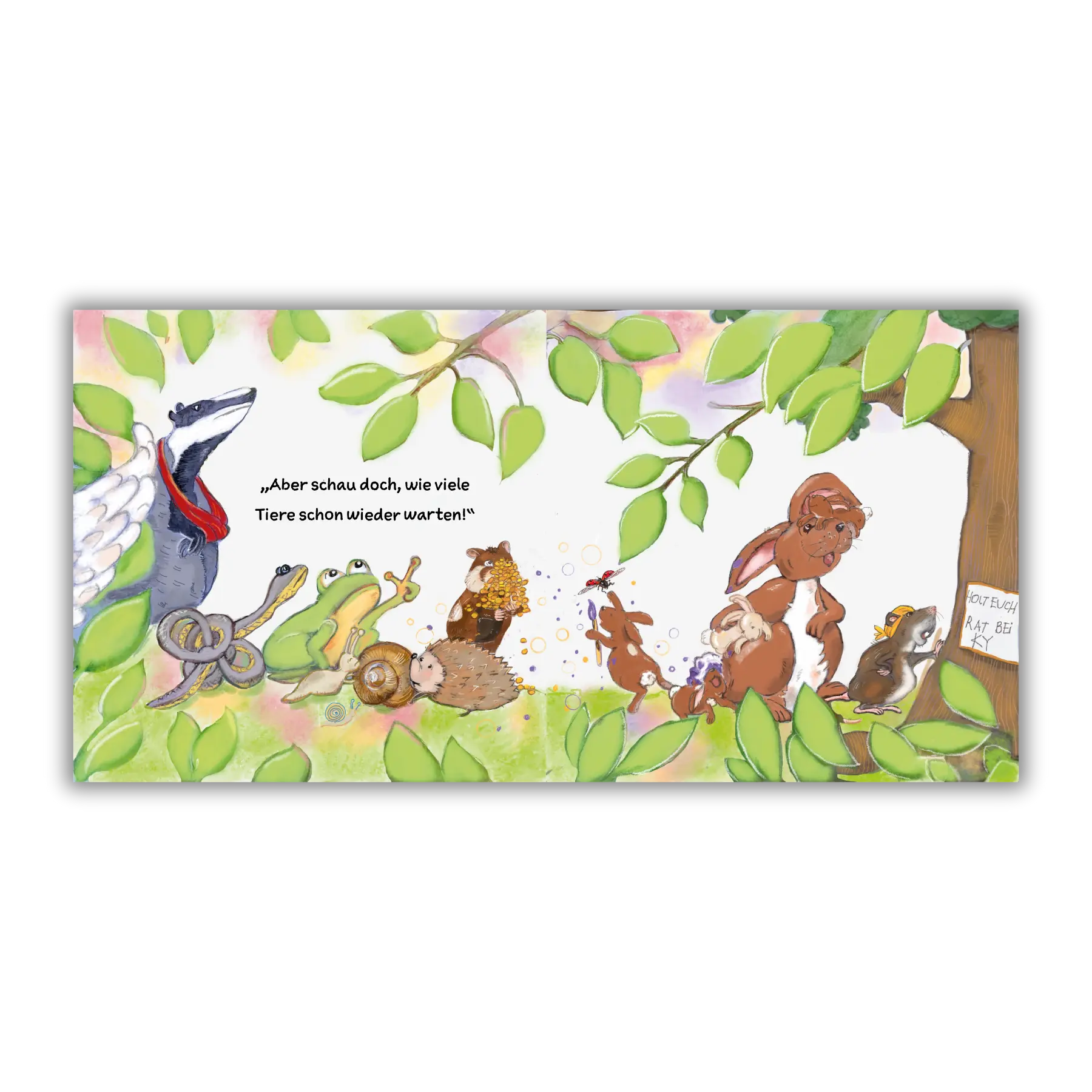 Doppelseite 4 vom Kinderbuch "Mannolo – Der kleine Schlauberger", ein Bilderbuch für Kinder ab 3 Jahren über die Neugierde und Kreativität eines kleinen Maulwurfs und seinen tierischen Freunden von Christel Gaiser und Zwergenstark