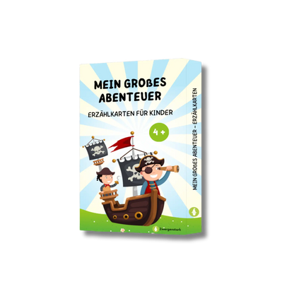 Produktbild ohne Hintergrund von der Kartenschachtel der Erzählkarten "Mein großes Abenteuer" für Kinder ab 4 Jahren, 30 Karten mit spannenden Fragen zum Geschichten erfinden für mehr Kreativität und Fantasie