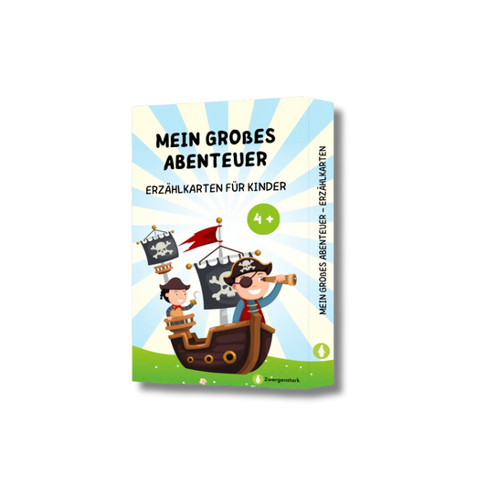 Produktbild ohne Hintergrund von der Kartenschachtel der Erzählkarten "Mein großes Abenteuer" für Kinder ab 4 Jahren, 30 Karten mit spannenden Fragen zum Geschichten erfinden für mehr Kreativität und Fantasie