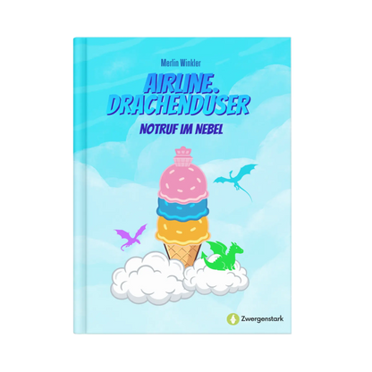 Frontcover vom Kinderbuch "Airline Drachendüser – Notruf im Nebel", ein E-Book für Kinder ab 5 Jahren zum Vorlesen mit einer Gute-Nacht-Geschichte über Drachen, Piloten und Abenteuer