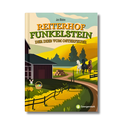 Frontcover vom Kinderbuch "Reiterhof Funkelstein – Der Dieb vom Osterfeuer", ein E-Book für Kinder ab 5 Jahren zum Vorlesen über Ostern, Osterferien und Pferde, ideal als Gute-Nacht-Geschichte