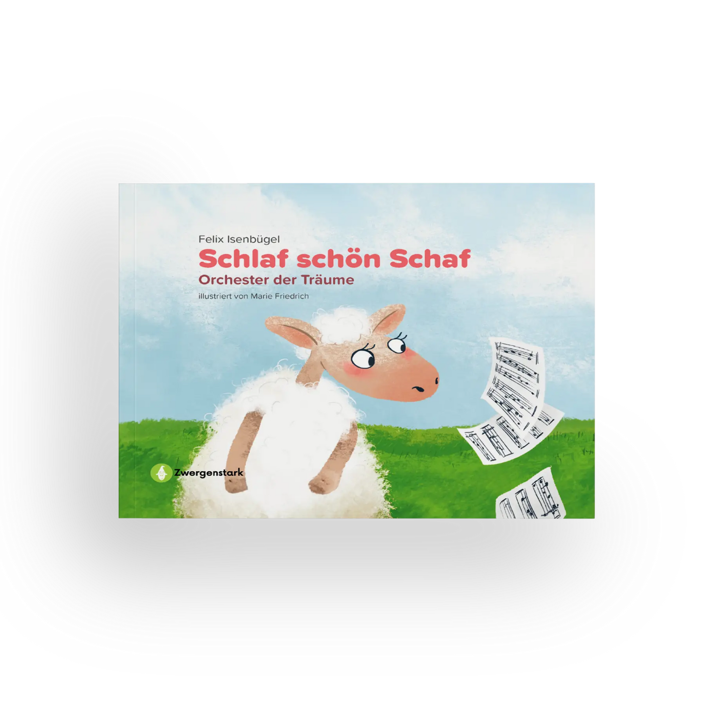 Frontcover Mockup vom Einschlafbuch "Schlaf schön Schaf - Orchester der Träume", ein Bilderbuch über klassische Musik für Kinder ab 3 Jahren von Felix Isenbügel und Zwergenstark