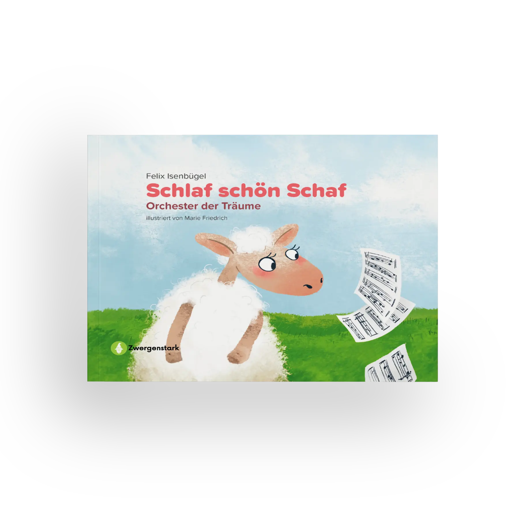 Frontcover Mockup vom Einschlafbuch "Schlaf schön Schaf - Orchester der Träume", ein Bilderbuch über klassische Musik für Kinder ab 3 Jahren von Felix Isenbügel und Zwergenstark