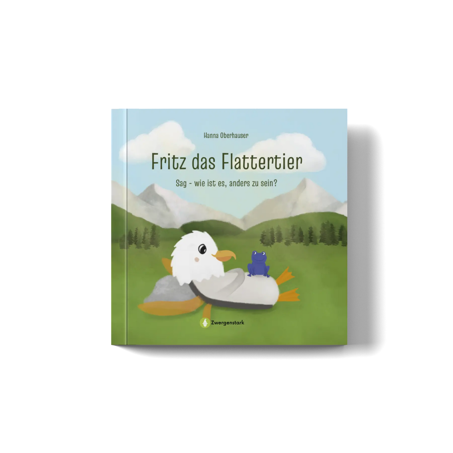 Frontcover Mockup vom Kinderbuch "Fritz das Flattertier: Sag - Wie ist es, anders zu sein?", ein Bilderbuch ab 3 Jahren von Hanna Oberhauser und Zwergenstark