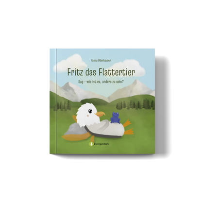 Frontcover Mockup vom Kinderbuch "Fritz das Flattertier: Sag - Wie ist es, anders zu sein?", ein Bilderbuch ab 3 Jahren von Hanna Oberhauser und Zwergenstark