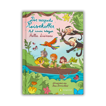 Frontcover vom Kinderbuch "Der magische Reisekoffer – Auf neuen Wegen", Band 2 von "Der magische Reisekoffer", ein Vorlesebuch für Kinder ab 6 Jahren über Reisen, Abenteuer und Zusammenhalt in Brasilien von Mella Lisitano und Zwergenstark