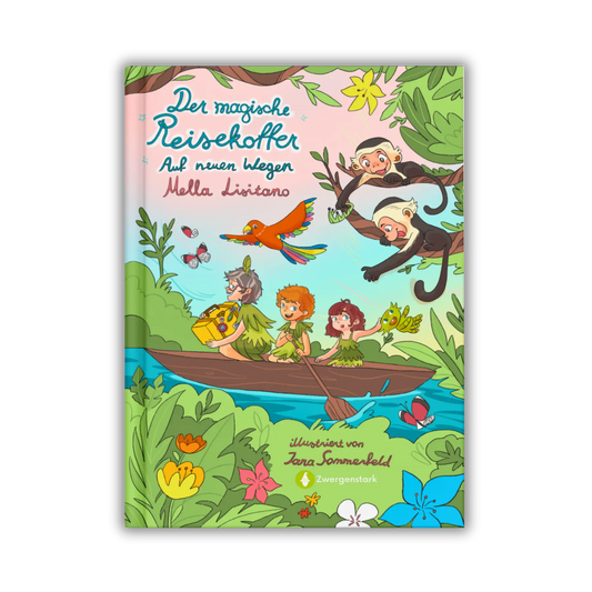 Frontcover vom Kinderbuch "Der magische Reisekoffer – Auf neuen Wegen", Band 2 von "Der magische Reisekoffer", ein Vorlesebuch für Kinder ab 6 Jahren über Reisen, Abenteuer und Zusammenhalt in Brasilien von Mella Lisitano und Zwergenstark