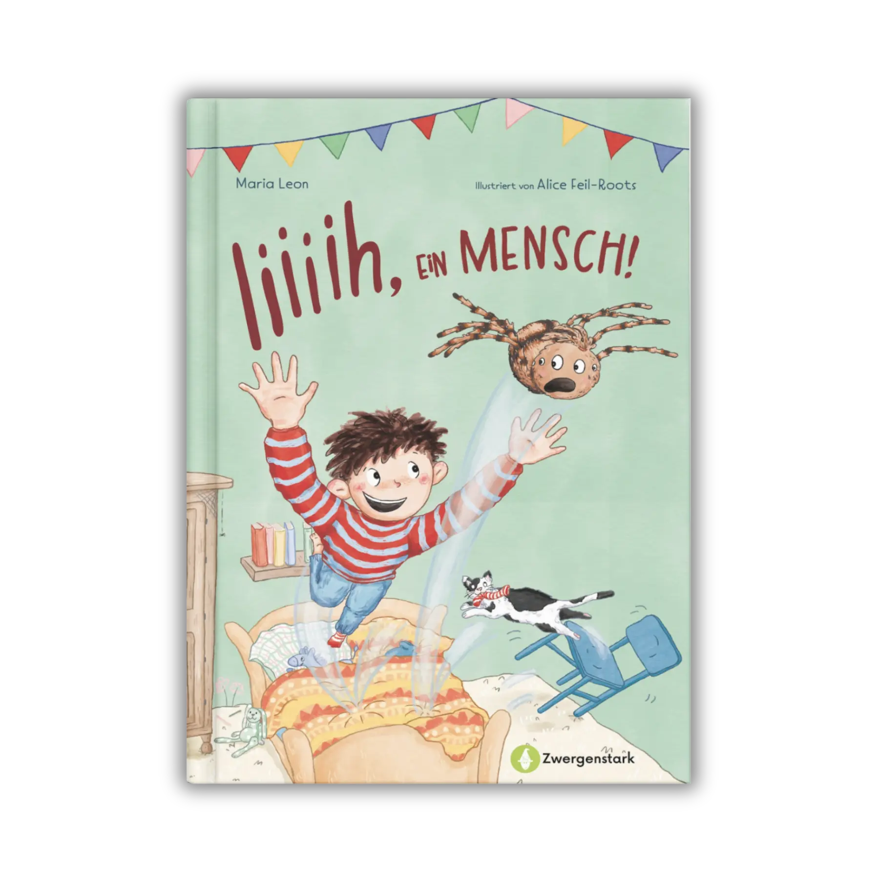Frontcover vom Kinderbuch "Iiiiih, ein Mensch!", ein Bilderbuch für Kinder ab 4 Jahren über die ungewöhnliche Freundschaft zwischen einer Spinne und einem Menschen von Maria Leon, Alice Feil-Roots und Zwergenstark