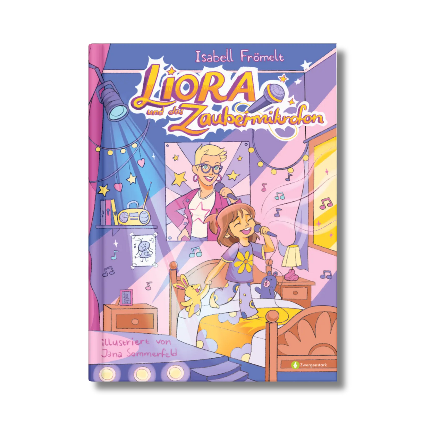 Frontcover vom Kinderbuch "Liora und das Zaubermikrofon", ein Bilderbuch für Kinder ab 5 Jahren von Isa Glücklich über Musik, Träume, Mut & Selbstvertrauen. Inklusive 5 Songs per QR-Code im Buch.