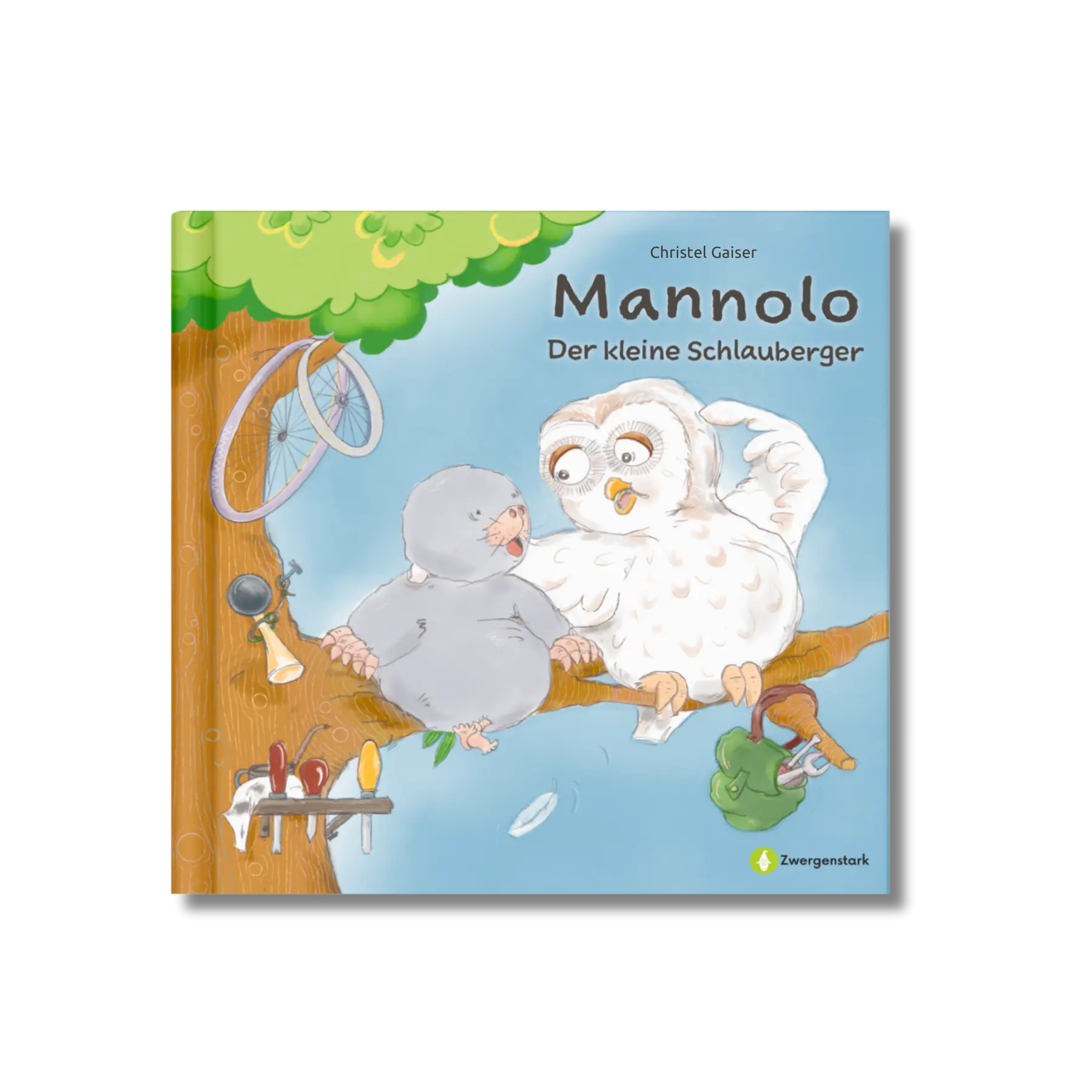 Frontcover vom Kinderbuch "Mannolo – Der kleine Schlauberger", ein Bilderbuch für Kinder ab 3 Jahren über die Neugierde und Kreativität eines kleinen Maulwurfs und seinen tierischen Freunden von Christel Gaiser und Zwergenstark