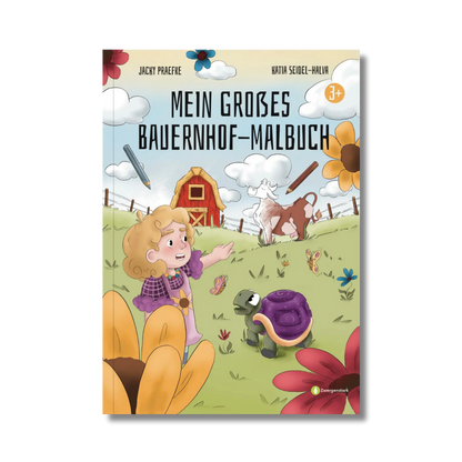 Frontcover vom Malbuch "Mein großes Bauernhof-Malbuch", ein Ausmalbuch für Kinder ab 3 Jahren über Tiere, Landschaft, Gemüse, Traktoren und typische Bauernhofszenen von Jacky Praefke, Katia Seidel-Halva und Zwergenstark