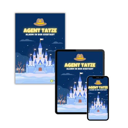 Tablet- und Handyansicht vom Kinderbuch "Agent Tatze – Alarm in der Eisstadt", ein E-Book zum Vorlesen ab 5 Jahren über Hunde-Agenten, die einen spannenden Detektivfall in einer Winterwelt lösen