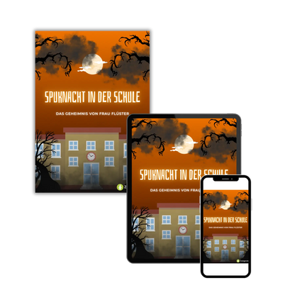 Tablet- und Handyansicht vom Kinderbuch "Spuknacht in der Schule – Das Geheimnis von Frau Flüster", ein E-Book zum Vorlesen ab 6 Jahren. Halloween-Geschichte voller Grusel, Spannung und Abenteuer. 